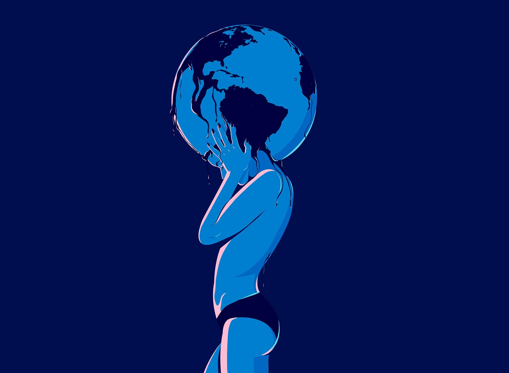 illustration of woman holding the world on her shoulders blue background