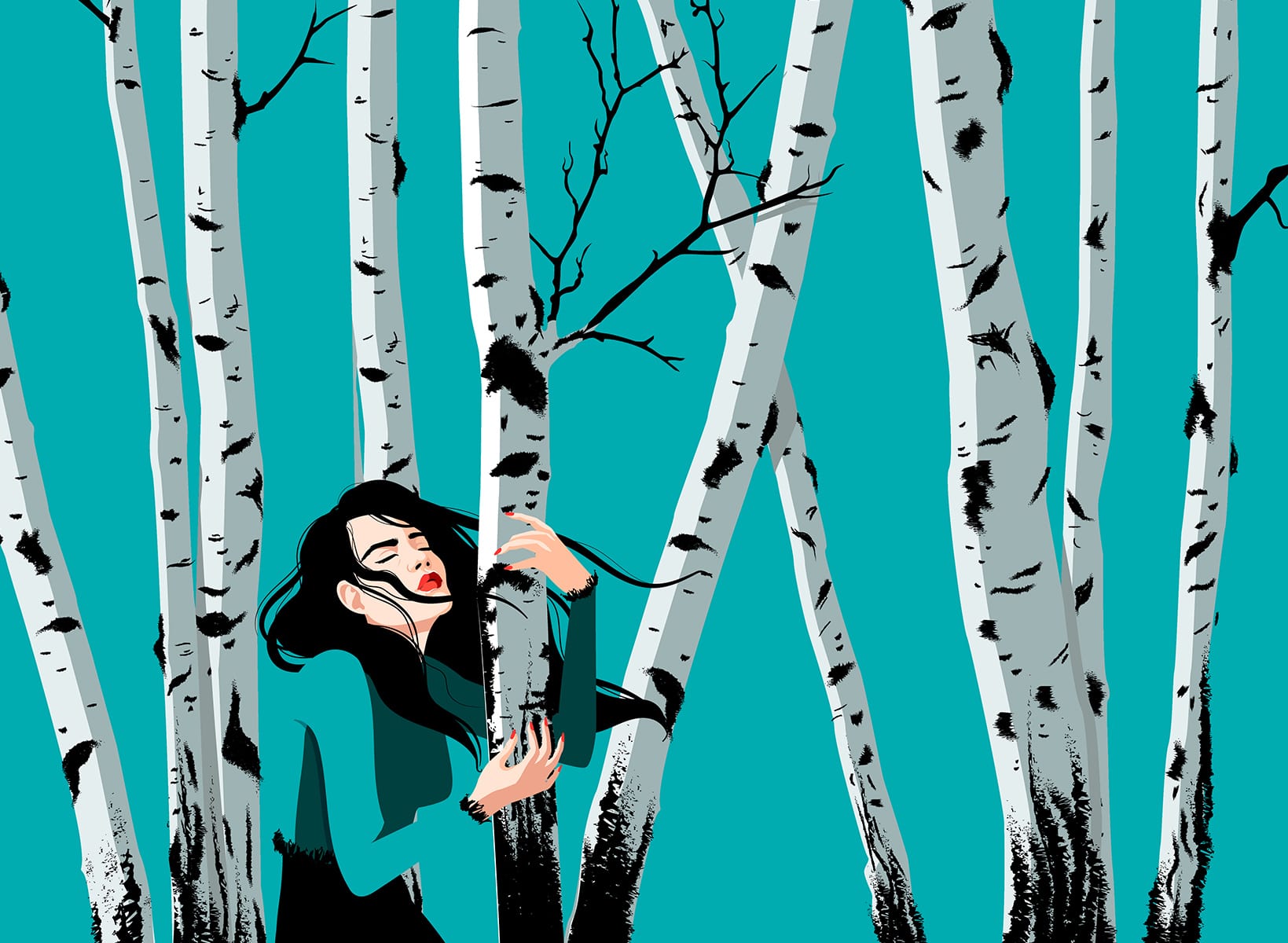 illustration of a woman in birch forest on a blue background