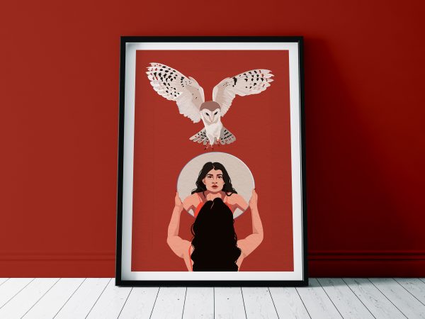 illustration of dark haired woman holding mirror up for an owl