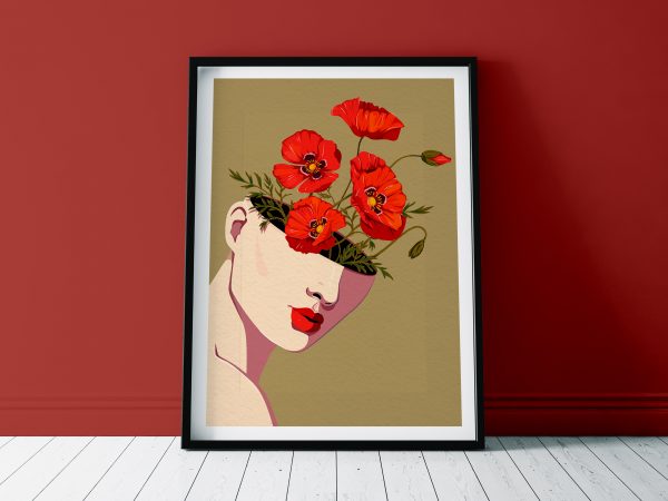 Flower head print illustration of woman with flower growing out of her head