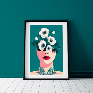 Flower head print illustration of woman with flower growing out of her head
