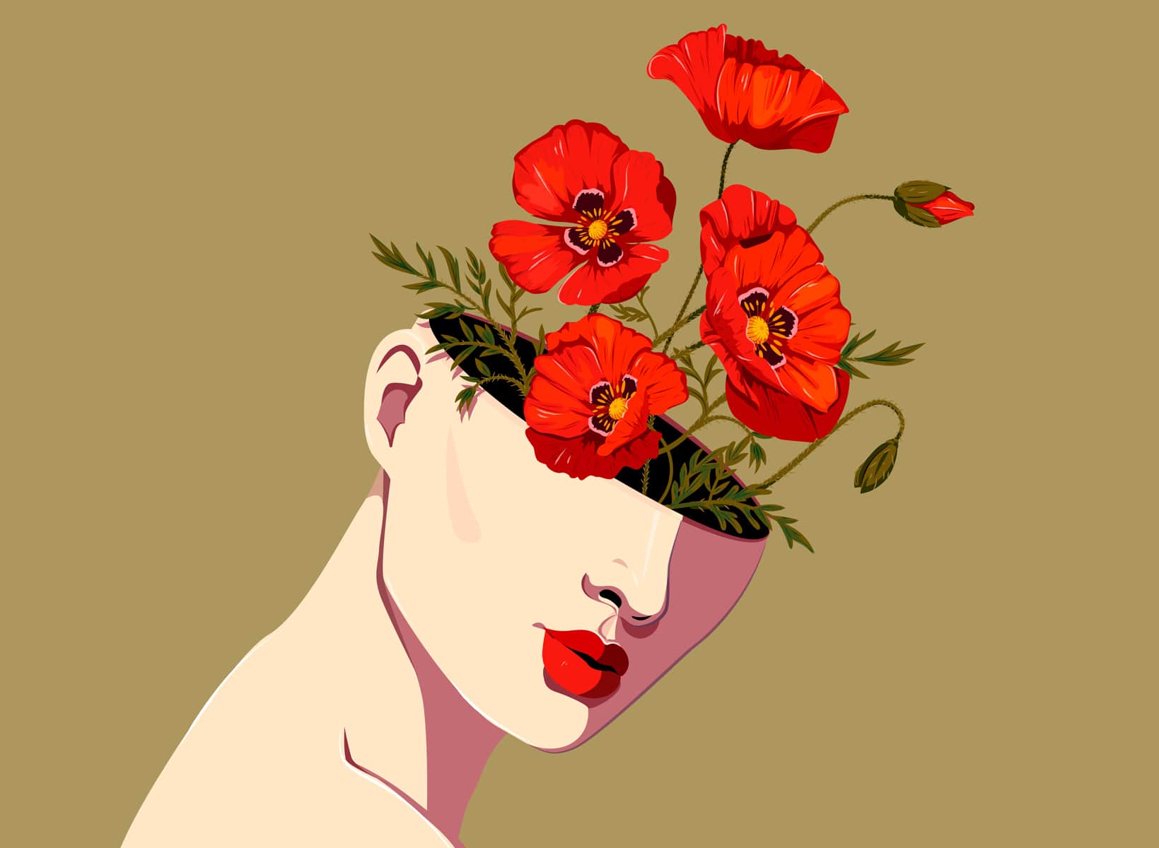 Flower head illustration of woman with poppy flowers growing out of her head