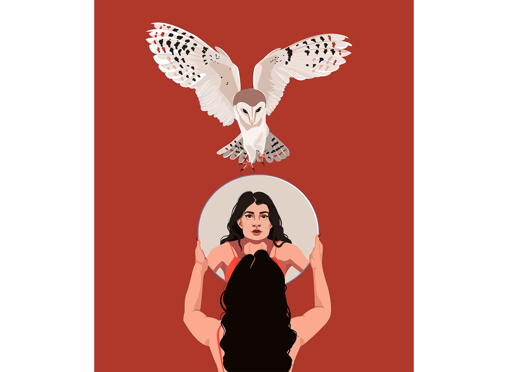 illustration of dark haired woman holding mirror up for an owl