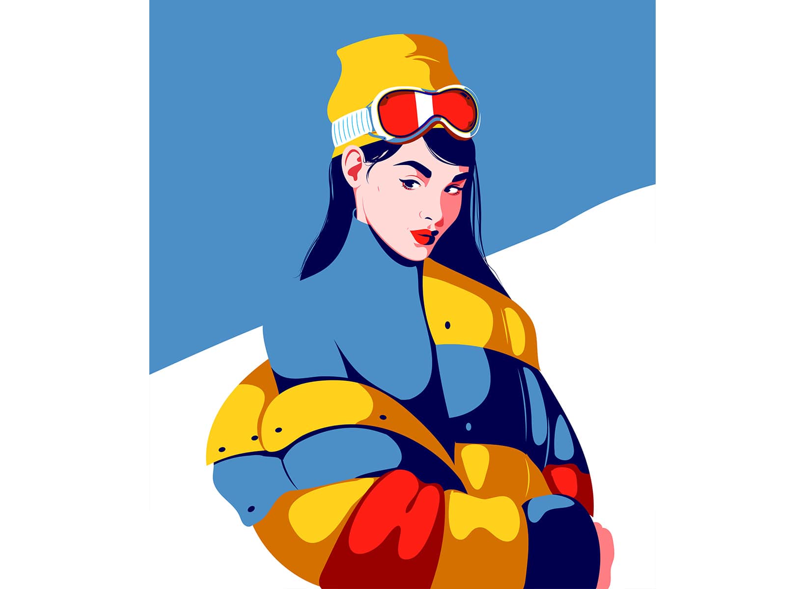 woman wearing color blocked puffer jacket in winter fashion illustration